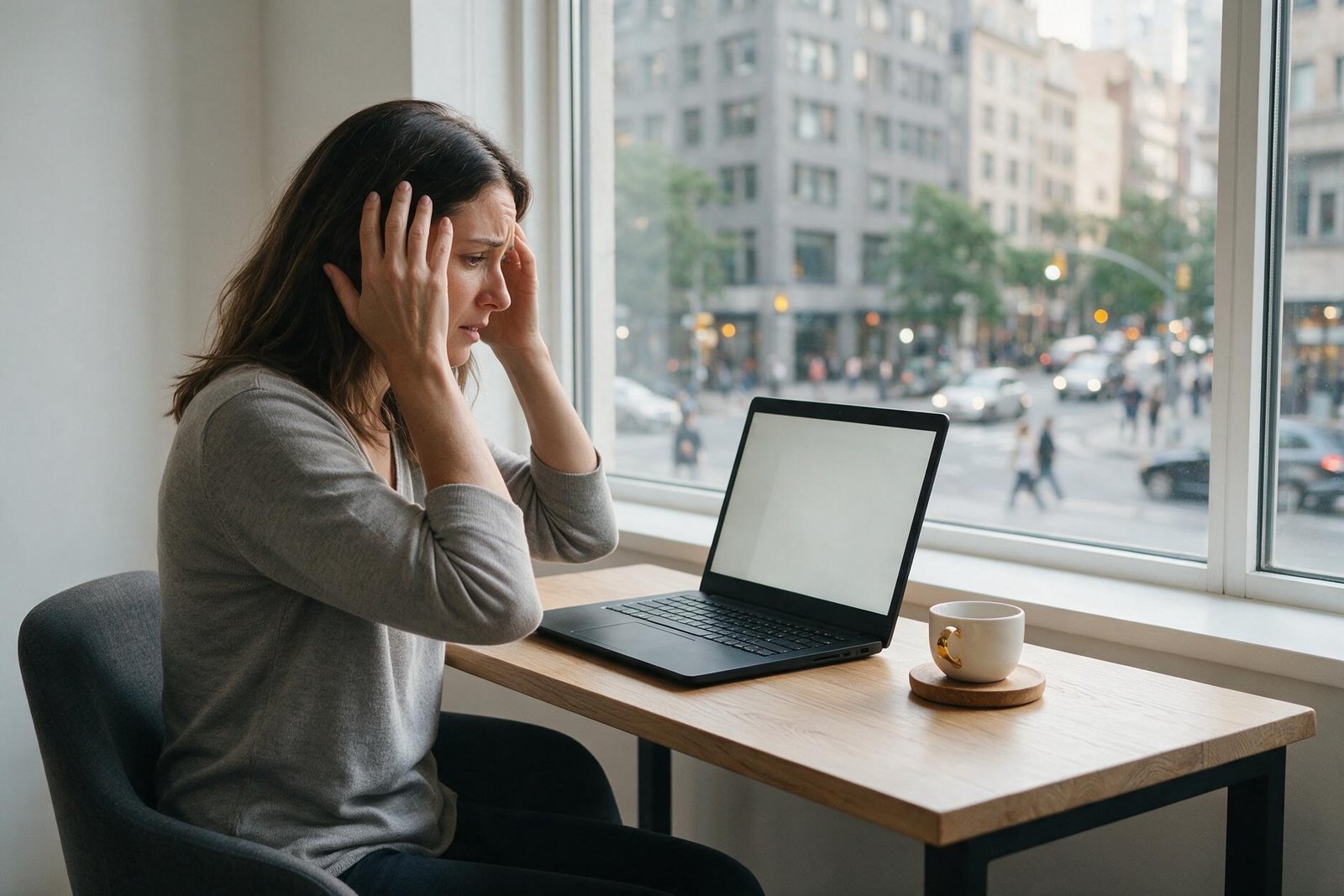 Mulher estressada em home office por causa do ruído urbano