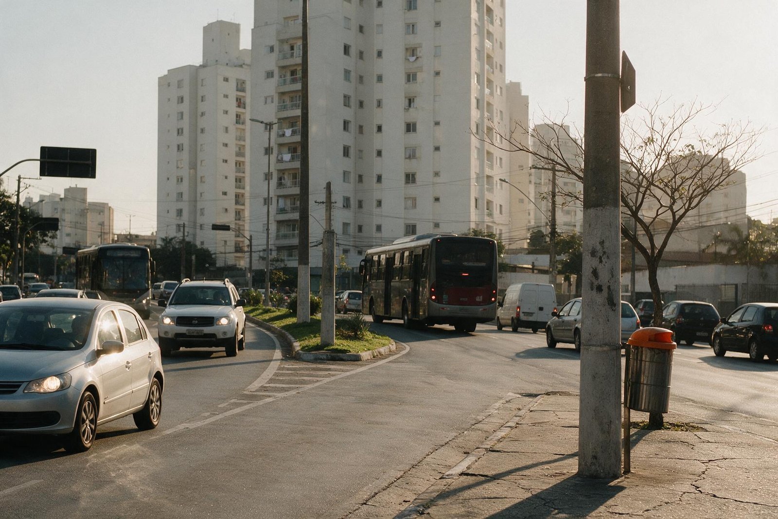 Avenida com trânsito intenso e ruído urbano