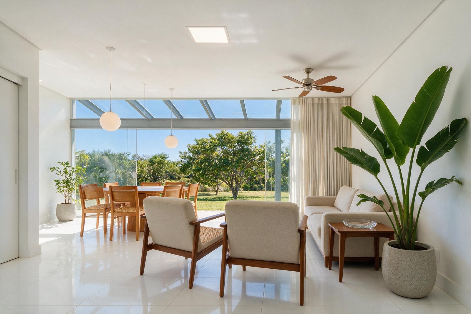 Sala de estar brasileira iluminada por luz natural filtrada por vidro de controle solar