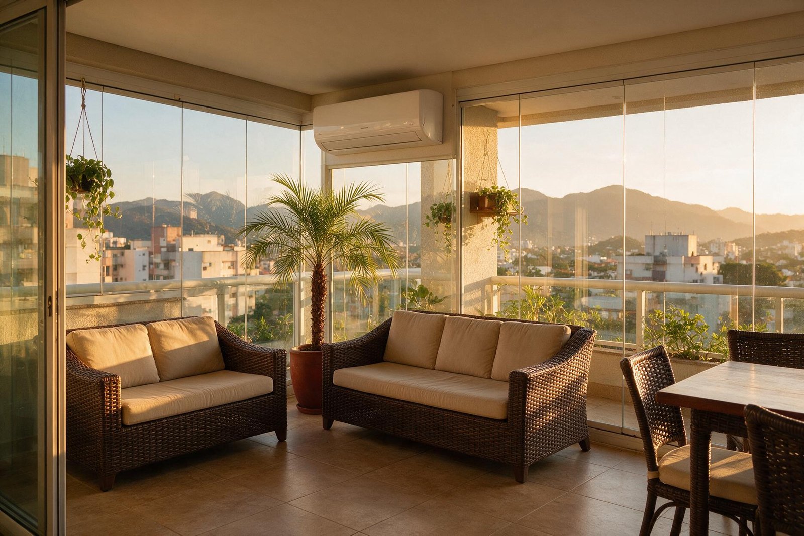 Varanda de apartamento brasileiro fechada com vidro termoacústico e ar-condicionado split, mantendo o ambiente fresco com baixo consumo de energia
